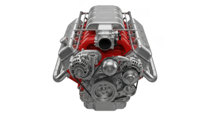 Intricate silver and red mechanical alien head isolated on transparent background