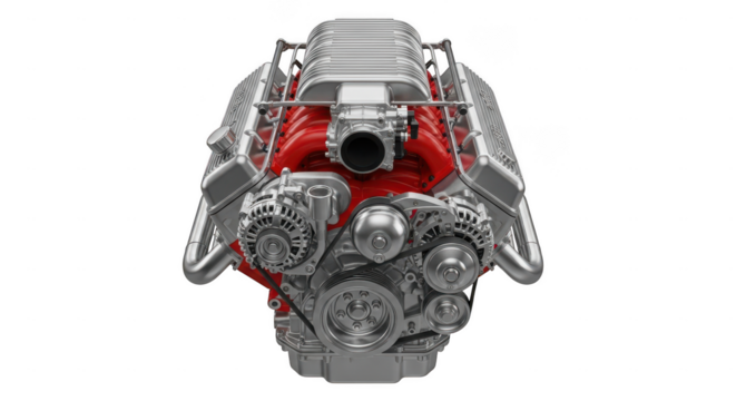 Intricate silver and red mechanical alien head isolated on transparent background