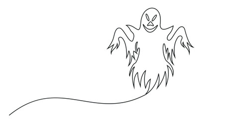 Continuous one line halloween ghost drawing in minimalist outline style isolated vector illustration.