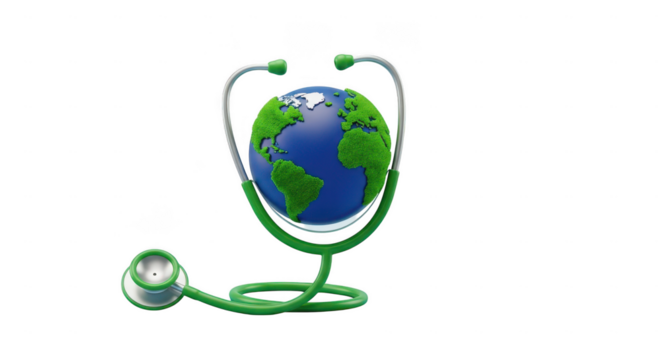 Green stethoscope examining planet earth isolated on transparent background