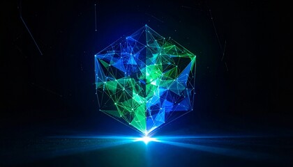 A luminous, abstract geometric cube composed of blue and green interconnected lines and nodes, radiating light on a dark background.