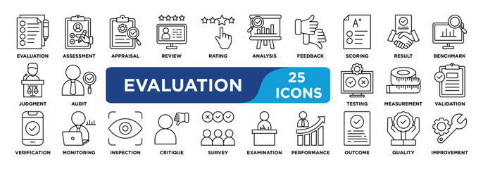evaluation icon collection set. Containing evaluation, assessment, appraisal, review, rating, analysis and feedback icon. simple line vector.