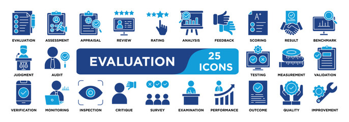 evaluation icon collection set. Containing evaluation, assessment, appraisal, review, rating, analysis and feedback icon. solid vector.