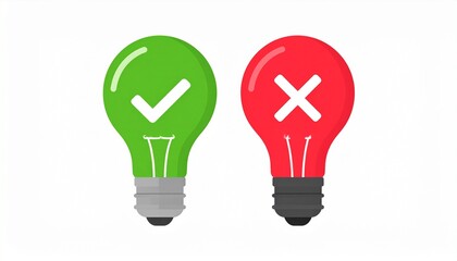 Right vs. Wrong An illustration of a green light bulb with a checkmark and a red light bulb with an X, symbolizing correct and incorrect choices or good and bad ideas.
