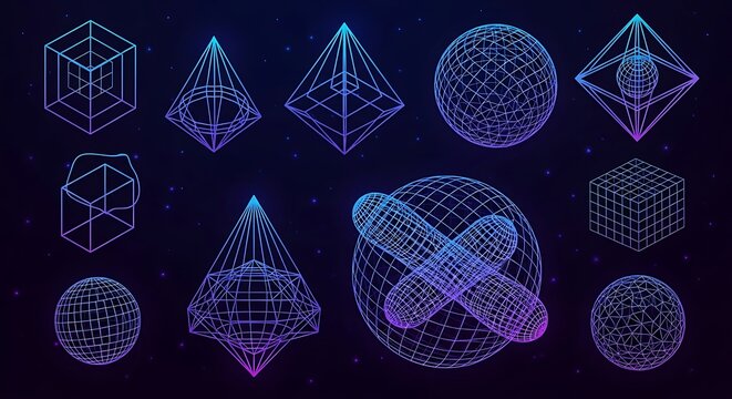 Abstract geometric shapes with wireframe design and vibrant gradient glow