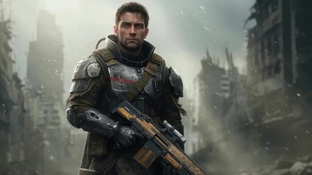 lone survivor in ruined city with futuristic armor and dramatic lighting.