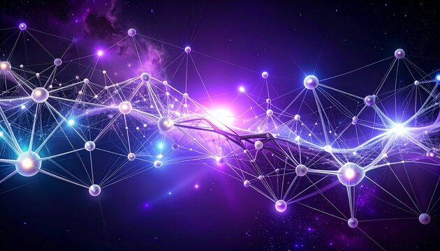 An abstract digital network of interconnected nodes and glowing lines against a cosmic nebula background.