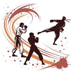 &ldquo;Martial arts silhouette pack: karate, boxing, MMA fighters in action, abstract dust splash, energy wave motion design for combat sports posters, training branding, and powerful lifestyle art themes&rdquo;