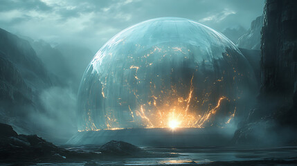 Electrical bolt hitting a reinforced dome with energy being transferred into glowing cables 