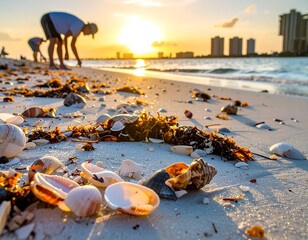 Beach sunset with shells and seaweed
