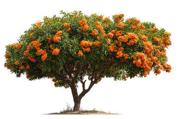 Lush orange-flowered tree against black background