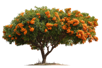 Lush orange-flowered tree against black background