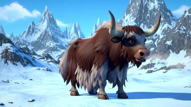Animated Yak Roams Snowy Mountain Landscape in Stylized 3D Render