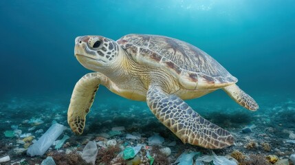 Obraz premium Majestic Sea Turtle Swimming Through Ocean Debris and Plastics in Clear Tropical Waters, Highlighting Environmental Challenges and Marine Life Conservation
