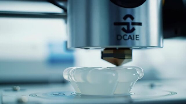 Close up of 3d printer head printing a model from plastic filament in a laboratory