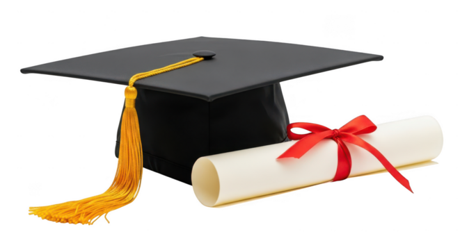 Graduation cap and diploma with red ribbon isolated on transparent background