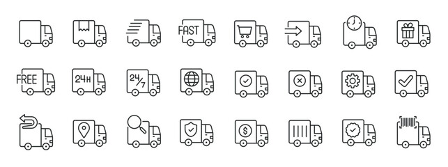 Set of collection line icons related Cargo, shipping, courier, delivery. Editable stroke. Minimal style series icons