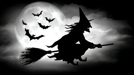 Naklejka premium A witch is flying on a broomstick with a full moon in the background