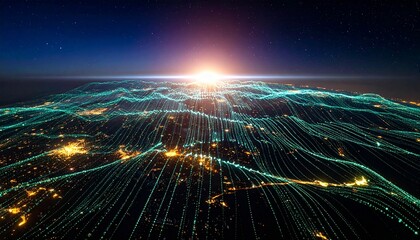 Abstract visualization of global data streams flowing over a futuristic city landscape at night towards a rising sun.