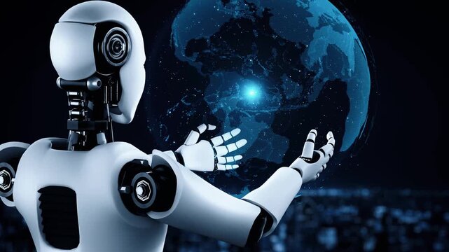 Futuristic robot artificial intelligence huminoid AI programming coding technology development and machine learning concept. Robotic bionic science research for future of human life. 3D rendering.