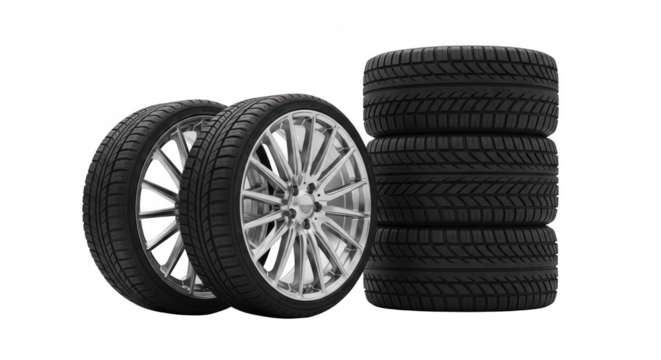 Two off road tires and stack of four tires isolated on transparent background