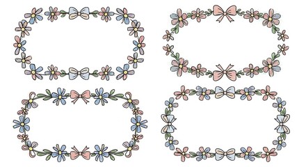 Obraz premium Floral frames with pastel flowers and decorative bows hand drawn set