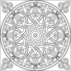 Ornamental circular mandala with floral arabesque elements, intricate geometric outline art for coloring, decoration, or traditional design.