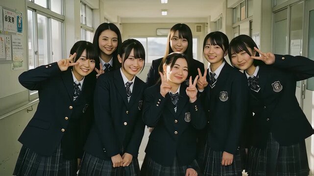 廊下で集合し、ピースサインで笑い合う7人の女子高校生