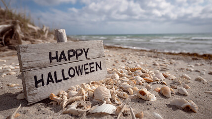 Happy Halloween Written in Haunted Wet Sand under Dark Sky with Ocean Horizon in Cinematic Spooky Coastal Scene