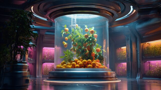 Orange tree with ripe fruit preserved in a futuristic glass biodome in a sci-fi laboratory. - Powered by Adobe