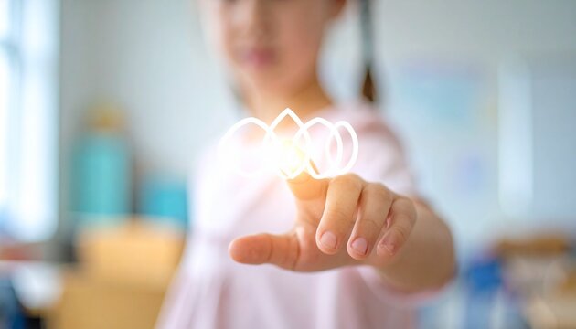 A young girl's finger touches a glowing digital symbol, illustrating future technology and interactive learning.