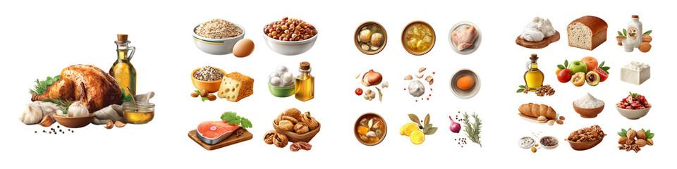 A Culinary Selection of Roasted Meats Grains and Fresh Produce isolated on transparent background.