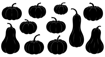 Collection of Various Silhouette Pumpkins for Halloween Celebration and Autumn Decoration Themes
