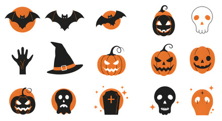 Colorful Halloween Illustrations Featuring Pumpkins, Bats, Skulls, and Spooky Symbols in Orange and Black