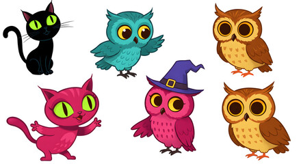 Whimsical Halloween Illustration Featuring Colorful Owls and Playful Cats in a Festive Setting