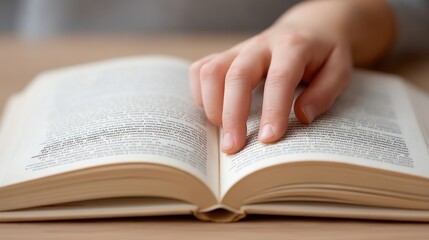 Obraz premium Close-Up of a Hand Gently Pointing at Text in an Open Book on a Wooden Surface with Soft Natural Light and a Blurred Background