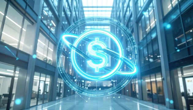 Digital Dollar Icon Concept in Modern Office Building.