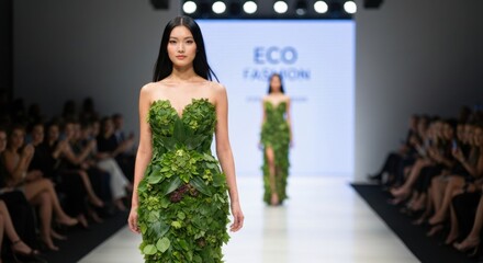 Stunning Asian model presents eco-friendly green dress during sustainable fashion show