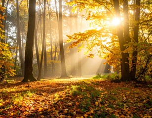 Obraz premium Autumn sunlight streams through a misty forest