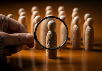 A hand uses a magnifying glass to focus on a single wooden figure, representing the process of candidate selection from a group of applicants