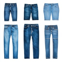 Variety of denim shorts and jeans displayed.  Different styles and washes shown