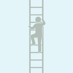 Minimalist illustration of a person climbing a vertical ladder symbolizing progress and upward movement in light colors