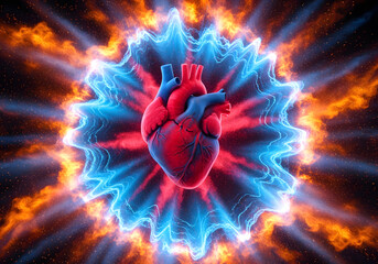 Fototapeta premium A heart made of red and blue powder is in the middle of a blue and orange explosion