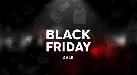 Black Friday sale banner with shopping icons, discounts, and credit cards on dark background
