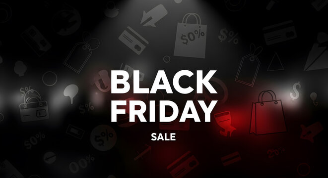 Black Friday sale banner with shopping icons, discounts, and credit cards on dark background