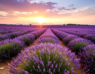 Obraz premium Lavender field at sunset. Vast rows of purple flowers under a golden sky
