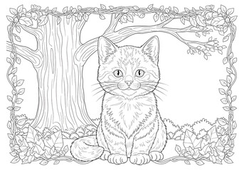 A playful coloring page of an adorable kitten, its fur detailed with soft lines and delicate shading, sitting in the center surrounded by leaves and vines, with a backdrop of a tree trunk and branches