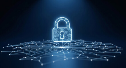 Digital security concept with a glowing padlock icon at the center of a futuristic network, symbolizing robust data protection, cybersecurity, and online privacy.