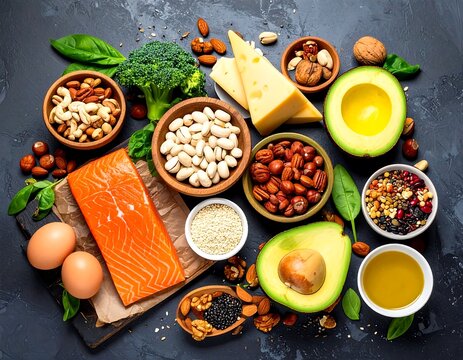 Healthy food spread on dark background