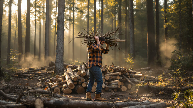 Lumberjack in Misty Forest Sunrise Carrying a Bundle of Wood.